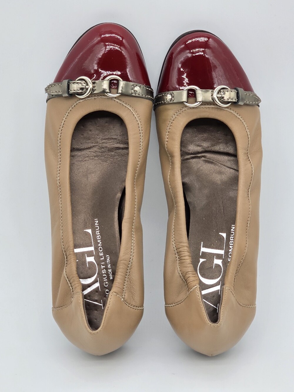 AGL Attilio Giusti Leombruni Monika Ballet Flats Sz 10/40 Tan Red Leather Italy